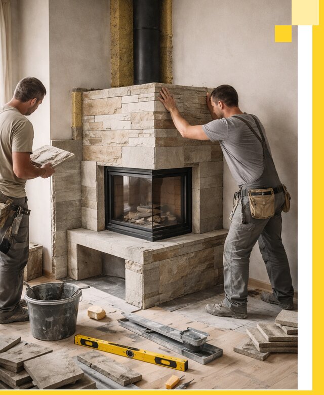 Угловые камины под ключ проект, монтаж и отделка в Гусе-Хрустальном