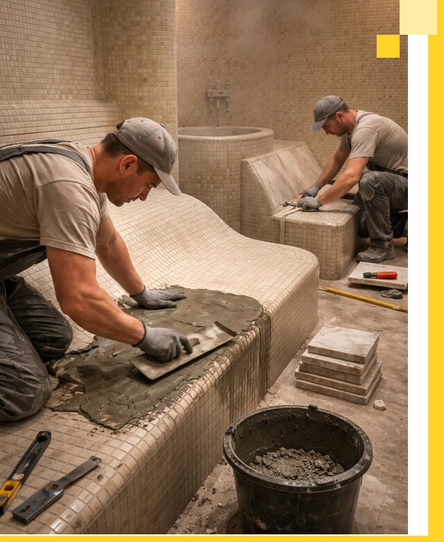 Лежаки для хамама под ключ в Гусе-Хрустальном, проект и монтаж